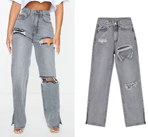 Women Grey High Waist Distressed Straight Leg Jeans with Slit Hem Casual Denim Trousers