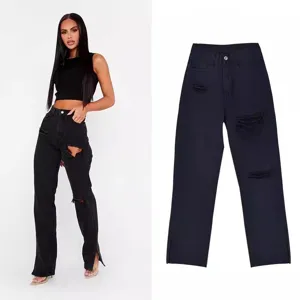 Women black high waisted straight leg distressed split hem denim jeans fashion pants
