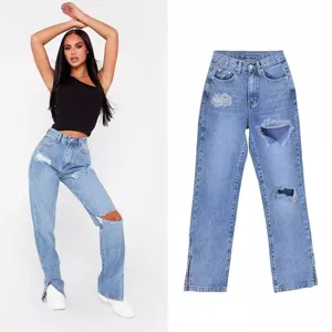Women light blue straight leg jeans high waist distressed denim pants with side slit