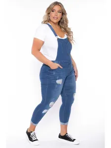 Plus size distressed denim overalls for women, stretch blue jeans bib pants casual stylish.