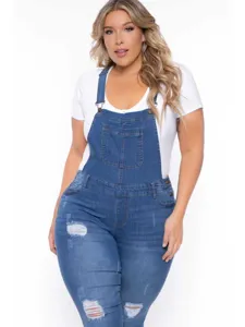 Plus size ripped denim overalls for women, washed stretch jeans versatile casual pants.