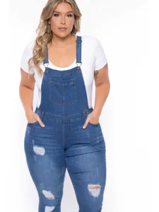 Plus size ripped denim overalls for women, washed stretch jeans dungarees casual styling.