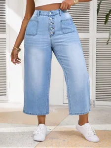 Jeans capri de mezclilla azul claro holgados informales de talla grande con detalle