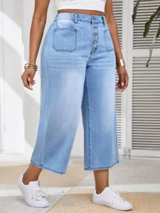 Pantalones vaqueros cortos y anchos de talla grande para mujer, cintura alta, vista de detalle.
