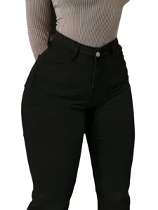 Black plus-size women's skinny stretch jeans, casual fashion detail view showing fit.