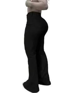 Detail view of black high-waisted stretch flare jeans, highlighting fit and fabric.