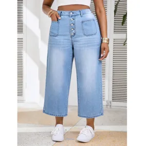 Pantalones Capri de Mezclilla de Talla Grande para Mujer Cintura Alta Azul Cielo Sueltos Elásticos Pantalones Cortos Casuales
