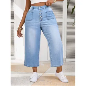 Pantalón vaquero corto de mujer talla grande talle alto claro, vaqueros holgados casuales.
