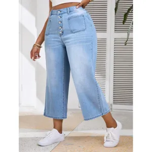Pantalones Capri de Mezclilla de Tintura Clara con Botones para Mujer Loose Fit Jeans