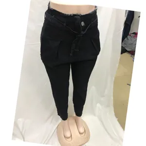 Women high waist black denim pants paperbag tie belt raw hem casual stylish trousers