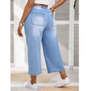 Pantalones cortos vaqueros holgados informales de talla grande para mujer, denim azul elástico.