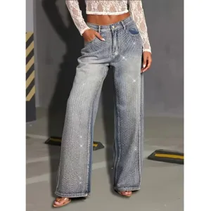 Women High Waist Wide Leg Denim Pants Rhinestone Embellishments Casual Loose Long Jeans Plus Size Trousers