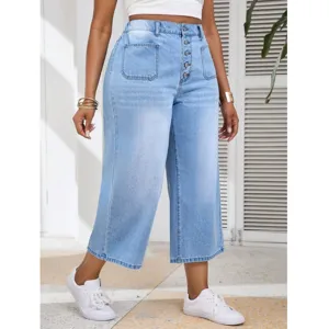 Mujer Azul Claro Cintura Alta Recortada Denim Jeans Ancho Casual Suelto Capri Pantalón