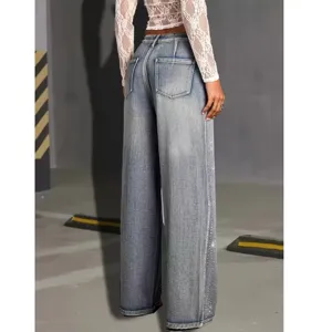 High-waisted wide leg jeans for women with rhinestone side details, stylish casual denim pants.
