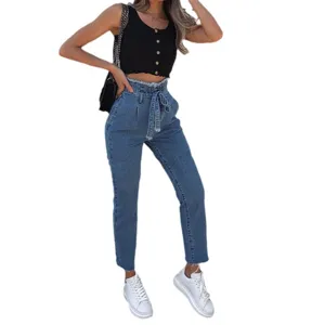 Women's high waist denim jeans fashion bow tie casual skinny long pants blue denim trousers