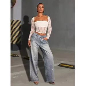 Women rhinestone wide leg jeans casual fashion high waist denim pants stylish outfit main view