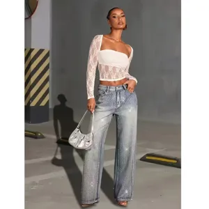 Women rhinestone wide-leg jeans jeans fashion stylish casual high waist denim trousers for daily wear