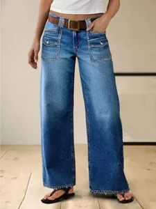 Women's blue wide-leg denim jeans featuring front utility pockets and casual stylish fit.