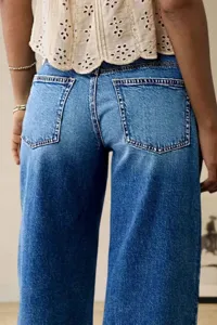 Detailed view of casual blue denim wide leg jeans back pockets showing premium stitch design for women