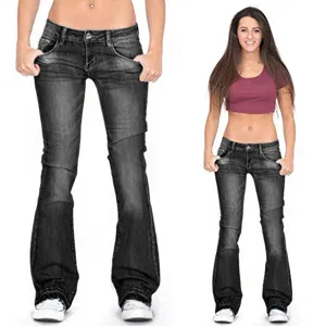 Women low waist flare jeans slim fit washed denim trousers casual dark grey pants everyday