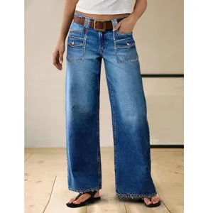 Women's Casual Denim Wide Leg Pants High Waist Loose Cargo Trousers Plus Size Denim Blue Fashion Bottoms