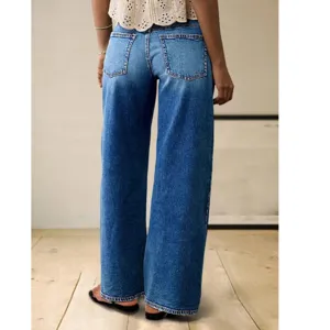 Women blue wide leg denim jeans casual high waist straight trousers loose fit fashion apparel