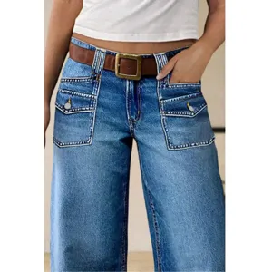 High waist wide leg denim jeans with functional cargo pockets and stylish retro belt.