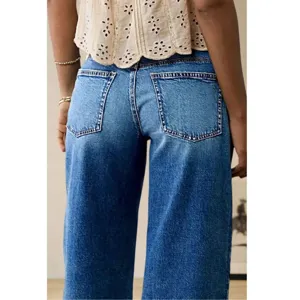 Women's blue high waist wide leg casual denim jeans featuring classic back pockets design.