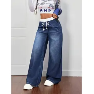 Pantalon large en denim extensible pour femme taille élastique cordon pour voyage