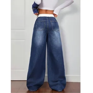 Pantalon en denim large taille haute élastique cordon femme casual grande taille vue arrière