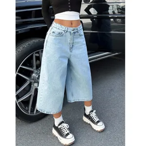 Pantalón Capri Casual de Tiro Alto en Denim Ancho para Mujer Estilo Retro Americano Corte Suelto Streetwear
