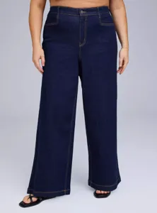 Detailed shot of dark blue plus size stretch denim casual wide leg trousers with contrast stitching.
