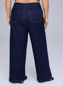 Plus size women's dark blue stretch denim jeans casual high waist loose straight pants