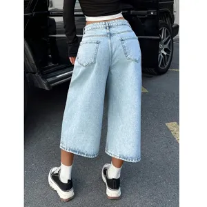Vaqueros Cortos Anchos De Tiro Alto Azul Claro Mujer Casual Vintage Denim Culottes
