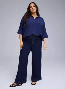 Plus size stretch denim wide-leg pants detail, casual daily basic wear, comfortable fit.