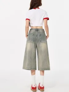 Vintage washed wide leg denim capris for women, stylish loose fit cropped jeans for summer.