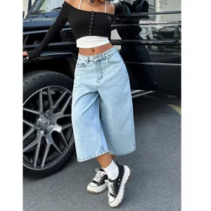 Mujeres vaqueros azul claro de tiro alto pierna ancha pantalón corto casual vintage streetwear