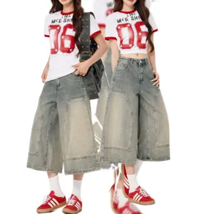 Women's Retro Vintage Casual Low Waist Wide Leg Denim Cropped Pants Solid Color Loose Washed Blue Jeans