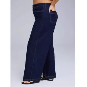 Plus size dark blue wide leg stretch denim jeans, casual high waist basic long pants for women.