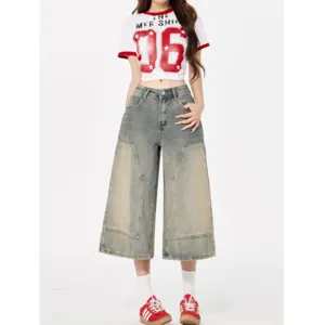 Retro women loose wide-leg cropped denim jeans vintage washed fashion capri trousers.