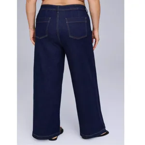 Plus size dark blue wide leg denim jeans for women, casual high rise loose pants back view.
