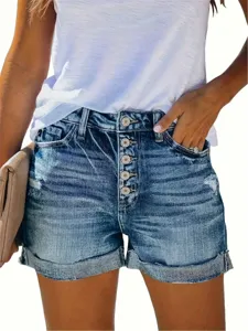 Women's Casual Low Waist Denim Shorts Distressed Rolled Cuff Cotton Blend Straight Leg Shorts
