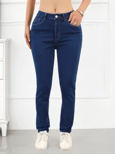 Women dark blue skinny stretch denim pants casual fashion slim fit long jeans.