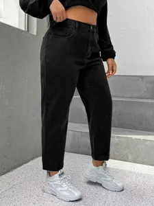 High waist black washed denim jeans detail shot, plus size casual fashion women pants stylish.