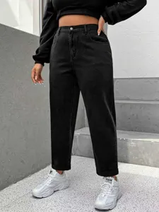 Close-up detail of women's high-waisted black washed denim jeans with straight fit and stretch.
