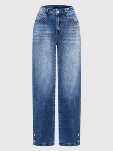 Women's blue high-waisted straight leg denim jeans featuring chic metal button cuff details.