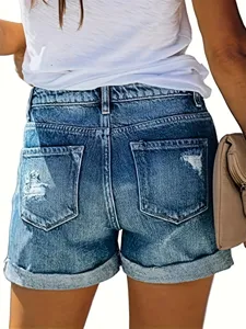 Women's casual ripped denim shorts high waist distressed cuffed summer denim shorts.
