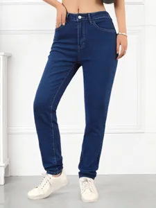 Women's dark blue skinny jeans high waist stretch casual slim fit denim trousers all season