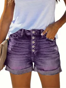 High waisted multi-button ripped denim shorts for women casual summer fashion style.