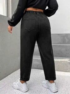 Back detail view of black washed elastic waist casual denim pants with cute cuffed hems.